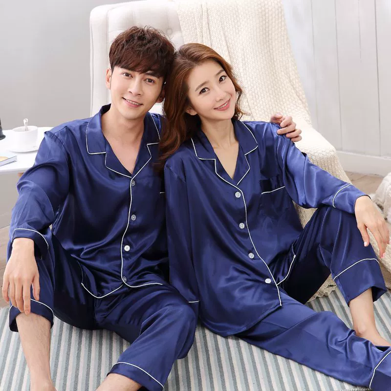 Hàn Quốc mùa thu đông mới tay dài nam nữ vài bộ đồ ngủ nhà dịch vụ đồ ngủ bằng lụa hai mảnh phù hợp với 5050 - Pyjama