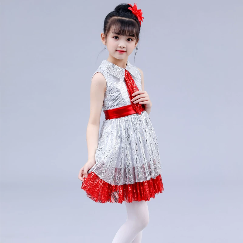Trẻ em trang phục sequin cho học sinh tiểu học và trung học cô gái quàng khăn đỏ cổ vuông cô gái múa đồng ca ngâm thơ trang phục màu đỏ - Trang phục