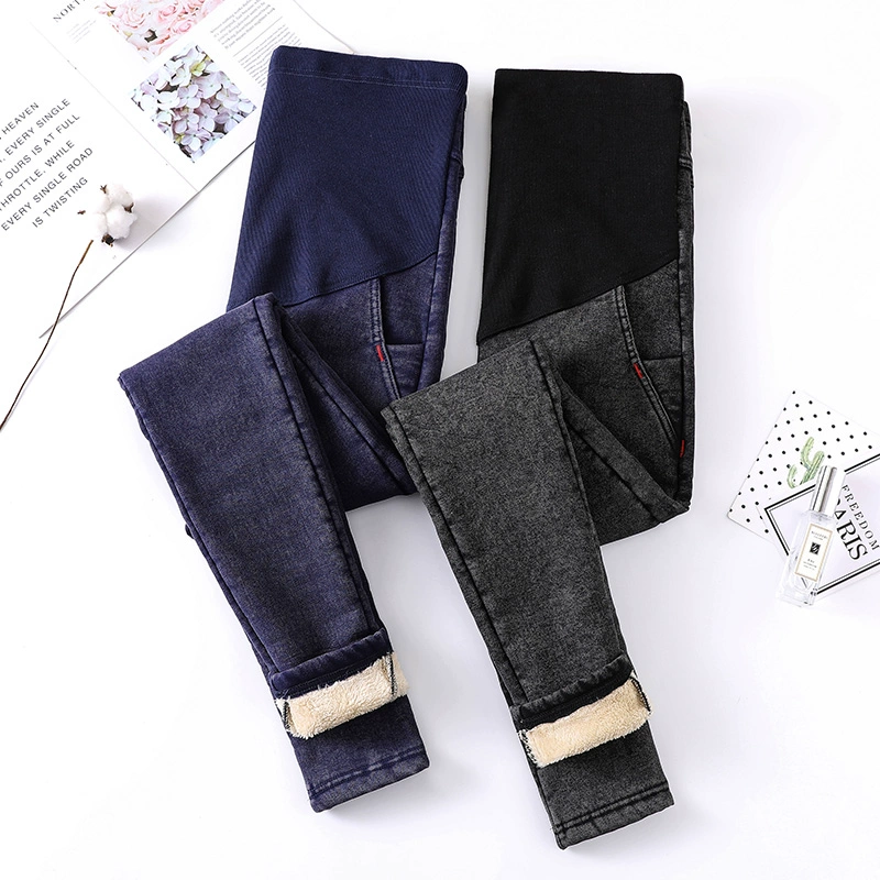 Quần jeans bà bầu 2019 mới thu đông cao eo bụng quần len lông cừu cộng với nhung Quần bà bầu mỏng mặc thủy triều - Phụ nữ mang thai quần / quần bụng