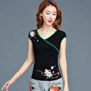 Phong cách retro mới của Trung Quốc Phong cách quốc gia phụ nữ mùa hè áo sơ mi thêu mỏng thêu áo thun ngắn tay cotton nữ kích thước lớn - Áo phông