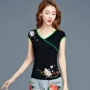 Phong cách retro mới của Trung Quốc Phong cách quốc gia phụ nữ mùa hè áo sơ mi thêu mỏng thêu áo thun ngắn tay cotton nữ kích thước lớn - Áo phông áo phông nữ rộng