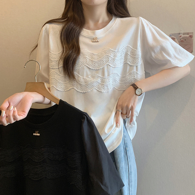 taobao agent Lace cotton summer T-shirt, white top, plus size, french style, fitted, puff sleeves