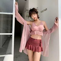 Thời trang hè 2019 chia áo tắm nữ ngực nhỏ ngọt ngào xếp li eo cao che bụng váy dài tay áo chống nắng quần áo ba mảnh - Bộ đồ bơi hai mảnh 	bikini 2 mảnh màu xanh