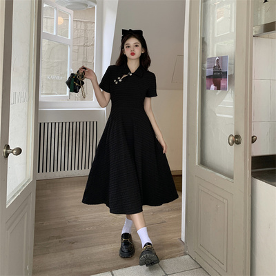 taobao agent Retro cheongsam, summer black dress, plus size, French retro style, fitted, suitable for teen