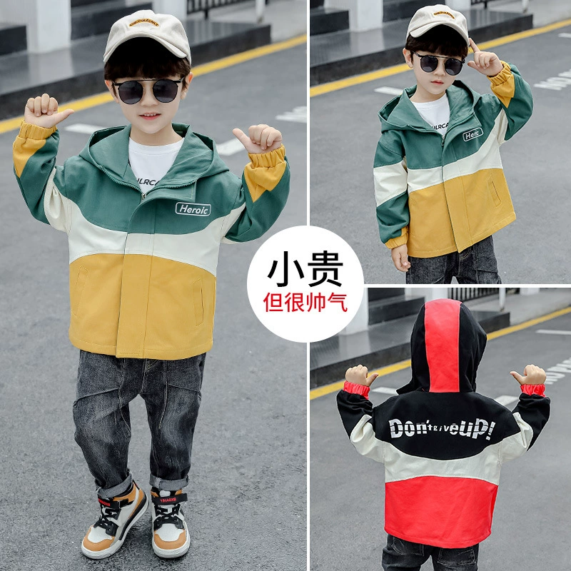 Mùa xuân quần áo trẻ em áo khoác bé trai ba tông chính tả bảng chữ cái áo gió trùm đầu 6-7-8-9-10-12 tuổi 1.1-1.5 - Khác