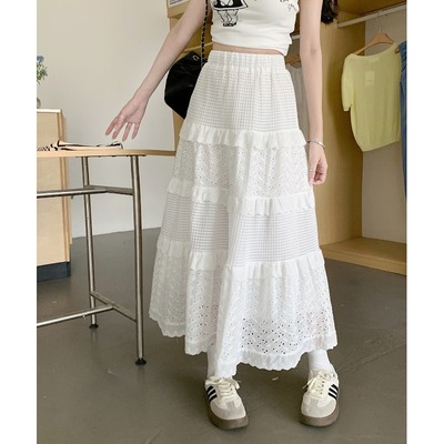 taobao agent White colored sexy lace pleated skirt, long skirt, plus size, high waist, for pear shaped body