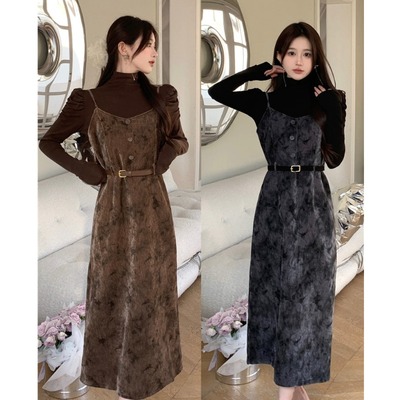taobao agent Retro demi-season dress, long-sleeve, set, plus size, French retro style, high collar