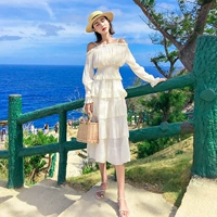 Летнее платье, длинный комплект, 2019, французский стиль, открытые плечи, средней длины