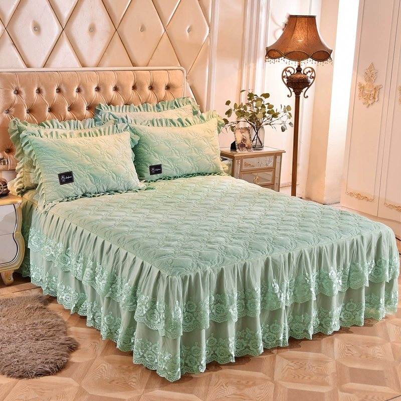 Pha lê nhung bông giường đơn mảnh mùa đông dày ren công chúa giường bao gồm giường chống trượt bảo vệ - Trang bị tấm