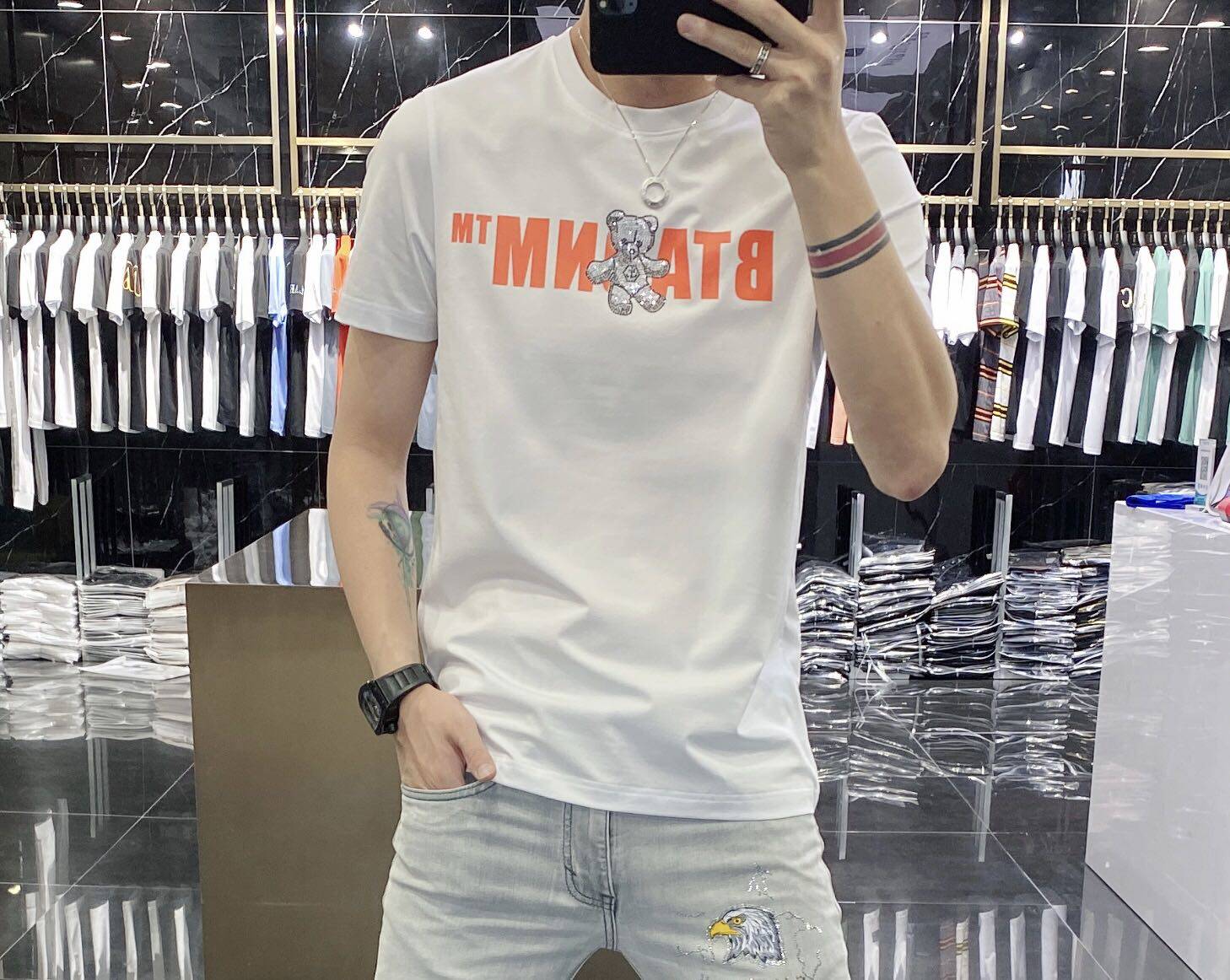 European men's wear bear rhinestone short-sleeved T-shirt 2022 new style trendy men's jade silk half-sleeved round-neck T-shirt base layer