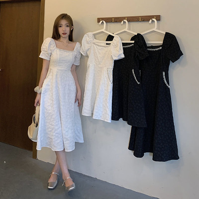 taobao agent White summer dress, long skirt, plus size, french style, square neckline, fitted