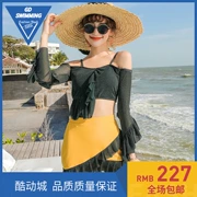 Áo tắm mới 2019 phiên bản Hàn Quốc màu tương phản mỏng xù áo cánh một chữ cao eo áo tắm khí chất ba mảnh - Bộ đồ bơi hai mảnh