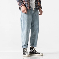 Весенние японские джинсы, штаны, свободный прямой крой, на шнурках, оверсайз