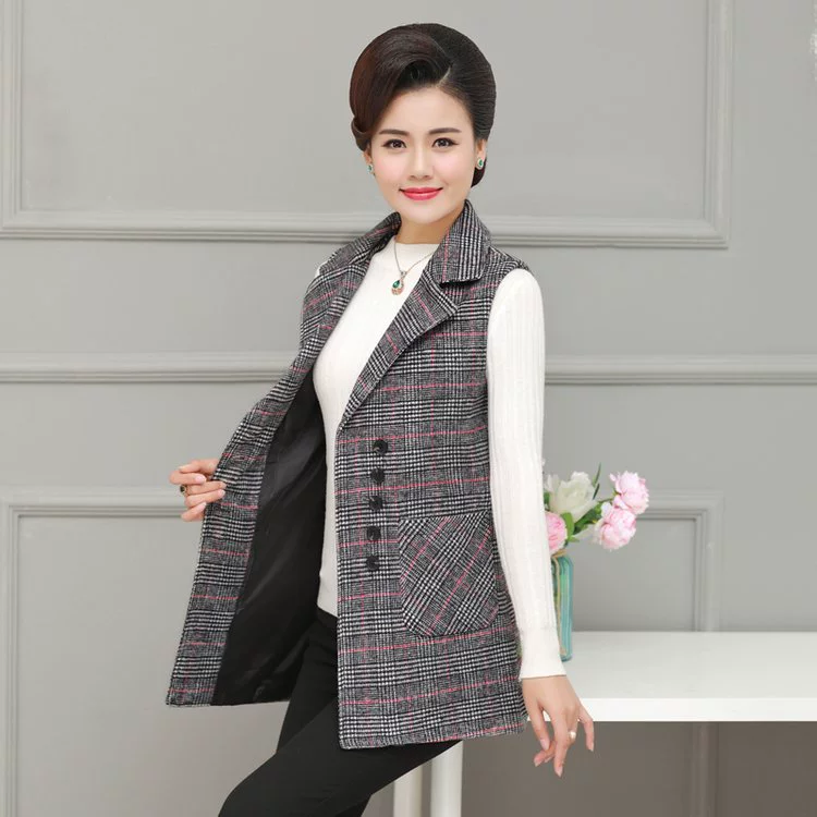 Phụ nữ trung niên áo ghi lê mùa xuân quần áo lưới trung niên vest mẹ đơn ngực phù hợp với cổ áo áo ghi lê vest mùa xuân và áo khoác mùa thu - Áo vest