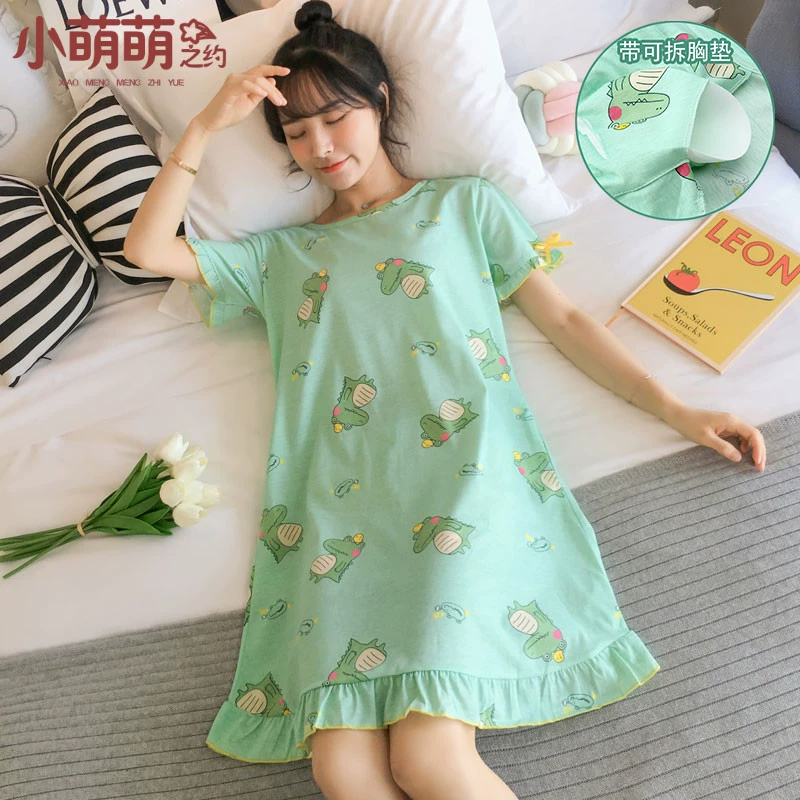 Bộ đồ ngủ nữ mùa hè mỏng phần cotton với váy độn ngực dễ thương lady bơ xanh váy ngủ nữ sinh viên dịch vụ tại nhà - Đêm đầm