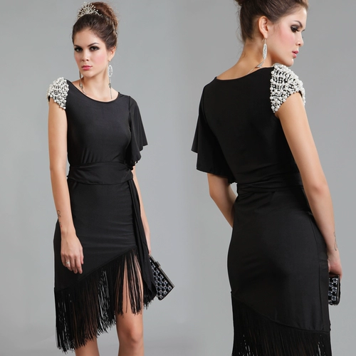 Lan Kwai Fong Black Short -Sleeved Slim Spoke Beads Beads Латинский шаг после служб производительности сервера доставки 2320