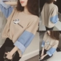 2018 mùa xuân mới của phụ nữ Hàn Quốc phiên bản của vòng cổ hoang dã denim lỏng khâu dài tay áo thun áo len áo sơ mi nữ triều áo ấm