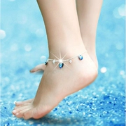 Blue Ocean Heart Crystal Sterling Silver Bell Anklet Bà Fringe Sexy Nhật Bản và Hàn Quốc