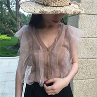 Retro Hàn Quốc chic gió nhiệt độ tính lưới khâu mỏng V-cổ áo len áo vest áo khoác len nữ ngắn