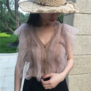Retro Hàn Quốc chic gió nhiệt độ tính lưới khâu mỏng V-cổ áo len áo vest