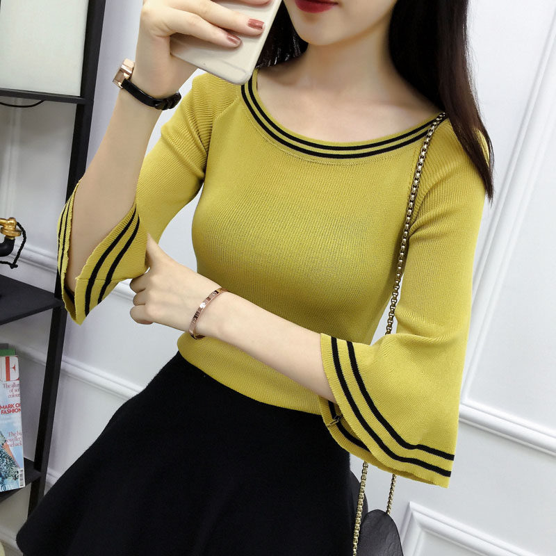 Mùa xuân và mùa hè mới trumpet tay áo đầu chặt chẽ áo len bảy điểm tay áo vòng cổ hoang dã của phụ nữ áo sơ mi trong tay áo len