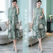2018 mùa hè mới kích thước lớn lụa ăn mặc Trung Quốc phong cách retro khí trung niên mẹ hai mảnh phù hợp với váy