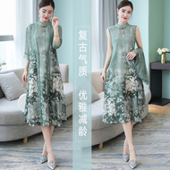 2018 mùa hè mới kích thước lớn lụa ăn mặc Trung Quốc phong cách retro khí trung niên mẹ hai mảnh phù hợp với váy váy nữ trung niên