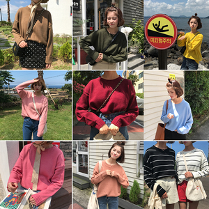 Hàn quốc phiên bản của ulzzang mùa thu và mùa đông mới màu rắn mô hình nền tảng lỏng giảm béo hoang dã dài tay cổ tròn áo thun áo len phụ nữ