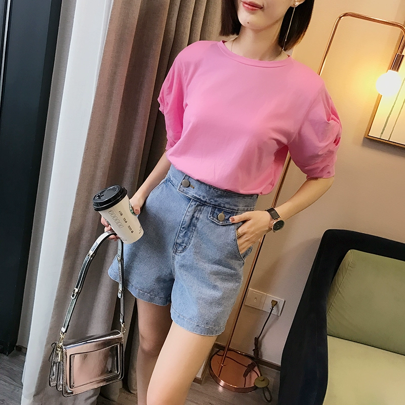 Hàn Quốc thứ tự 18 mùa hè mới cao eo mỏng lỏng rộng chân quần nóng ánh sáng quần short denim nữ EXK97 bây giờ quần dài