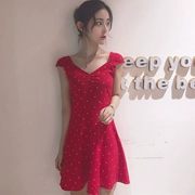 Mùa hè mới retro thời trang V-Cổ halter ngắn tay polka dot dress nữ cao eo Mỏng hoang dã A-line váy váy