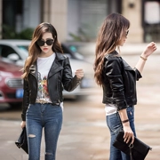 Da mới của phụ nữ hoang dã áo khoác ngắn chic giảm béo thời trang Hàn Quốc cao eo đầu máy da PU