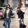 Da mới của phụ nữ hoang dã áo khoác ngắn chic giảm béo thời trang Hàn Quốc cao eo đầu máy da PU áo khoác da lộn