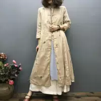 蝉 昭 18 mùa thu mới thêu của phụ nữ retro khóa Trung Quốc thêu áo gió áo khoác dài khăn choàng cardigan trà nghệ sĩ áo bomber nữ
