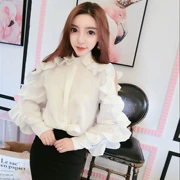 Lady Yang Xiao áo sơ mi nhỏ thời trang khí trắng xù mỏng ren dây kéo áo sơ mi cổ cao áo sơ mi thủy triều