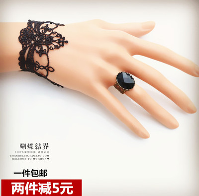 taobao agent Bracelet, ring, black set, metal retro accessory, floral print, Gothic