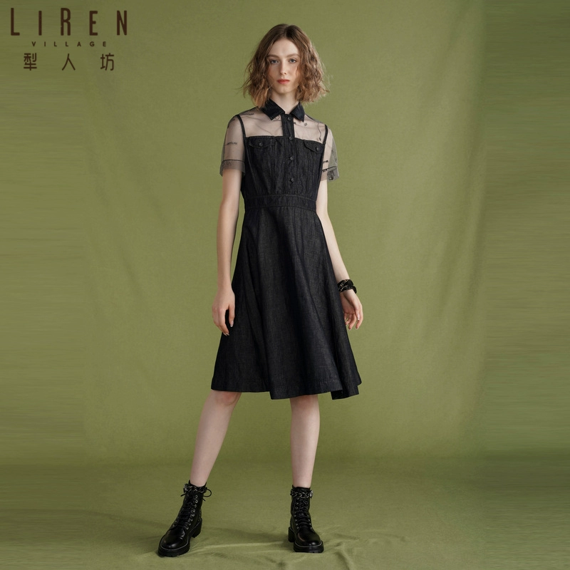 Lirenfang 2020 mùa hè mới của phụ nữ A-line lưới cổ điển thêu ren ngắn tay thắt lưng váy dài giữa - A-Line Váy