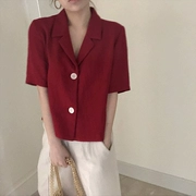 Hàn Quốc ins thiết kế thích hợp retro đơn giản phù hợp với cổ áo sơ mi nhẹ nhàng trắng hoa hồng đỏ ngắn tay áo sơ mi