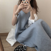 Hàn quốc chic phong cách mùa hè retro mát màu tinh khiết hoang dã cổ áo V bông linen dây đeo dress loose dress