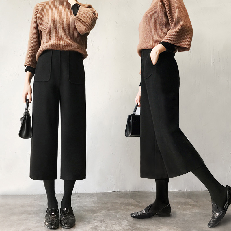 Womens Wool Wide Leg Casual Culottes Crop Pants Baggy Loose Trousers ...