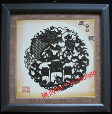 Театр теней 圆形皮影带镜框 黑色鱼跃龙门 陕西民间工艺品 旅游纪念品