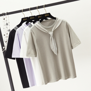 2018 mùa hè mới Han Fan phần mỏng lỏng quanh cổ là mỏng và làm mới ngắn tay tie t-shirt áo sơ mi nữ áo len