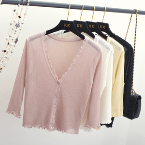 2018 mùa hè mới Hàn Quốc phiên bản của V-Cổ bên ngoài ngắn ice silk knit cardigan phần mỏng kem chống nắng khăn choàng áo khoác nữ