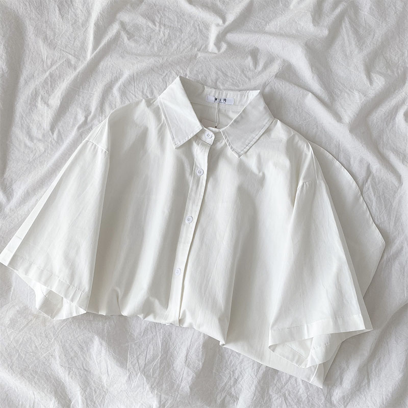 Whiteshirt female 2021 summer new pattern Korean version Women's wear Design sense niche Solid color Foreign style Age reduction Short sleeve shirt tide