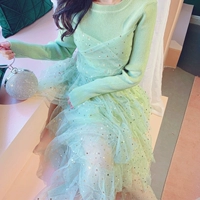 Трикотажный свитер, платье, блестки для ногтей, длинная юбка, в корейском стиле, юбка из сетки, высокая талия, юбка-пачка