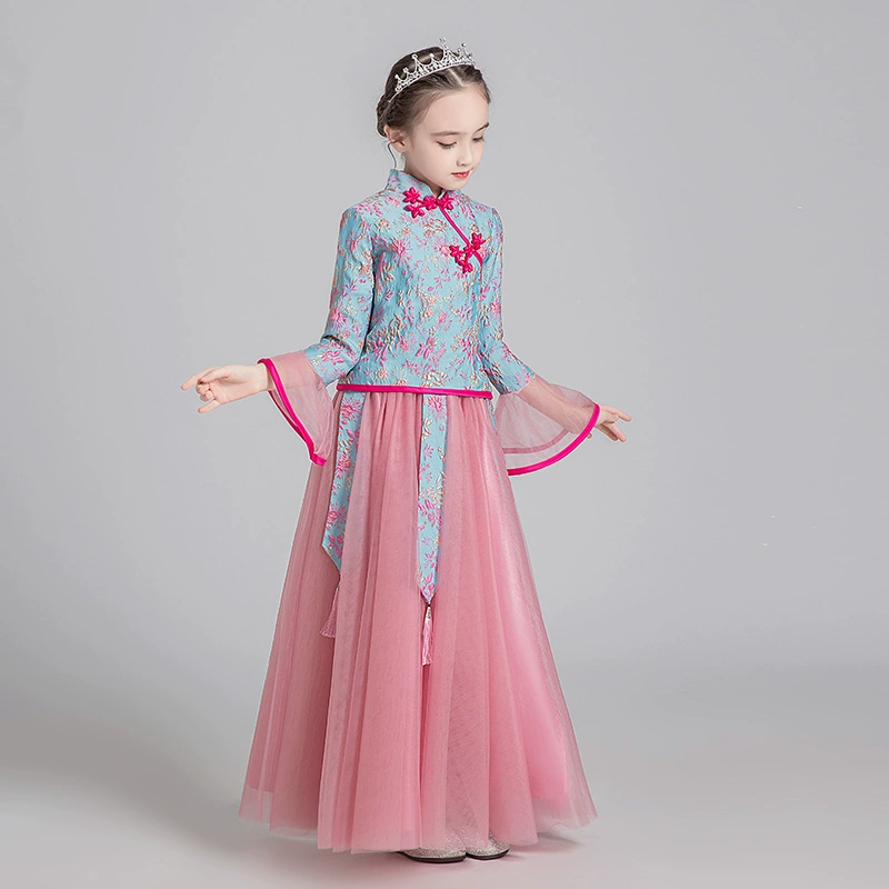 Trẻ em sườn xám mùa thu dài tay công chúa đầm guzheng trình diễn váy Trung Quốc phong cách trẻ em cải tiến cô gái sườn xám - Váy trẻ em