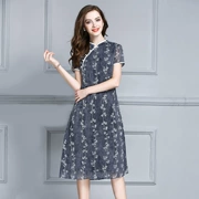 Mực Qinghua mùa hè mới retro sửa đổi sườn xám váy ngắn- tay mỏng một từ váy in đầm