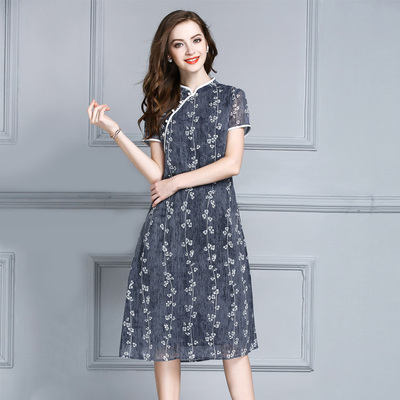 Mực Qinghua mùa hè mới retro sửa đổi sườn xám váy ngắn- tay mỏng một từ váy in đầm Sản phẩm HOT