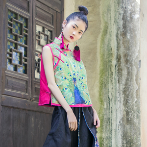 Yang Liping với áo gió quốc gia thêu bông thêu con công ngắn vest mùa thu vest vest