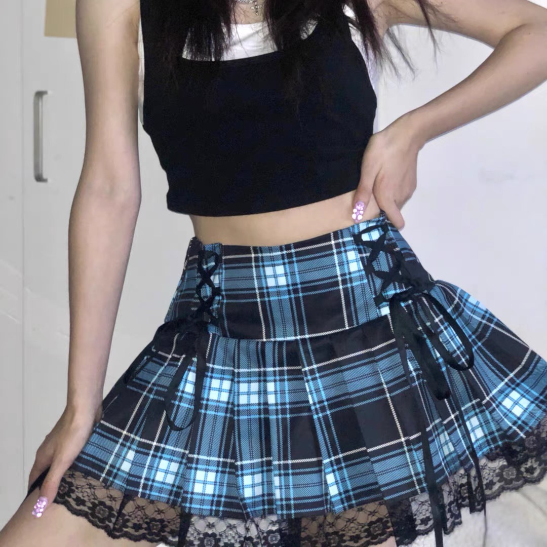 Black Bluesolar system Soft girl lovely Harajuku Sweet cool handsome Academic atmosphere jk lattice Close your waist Show thin camisole lace skirt
