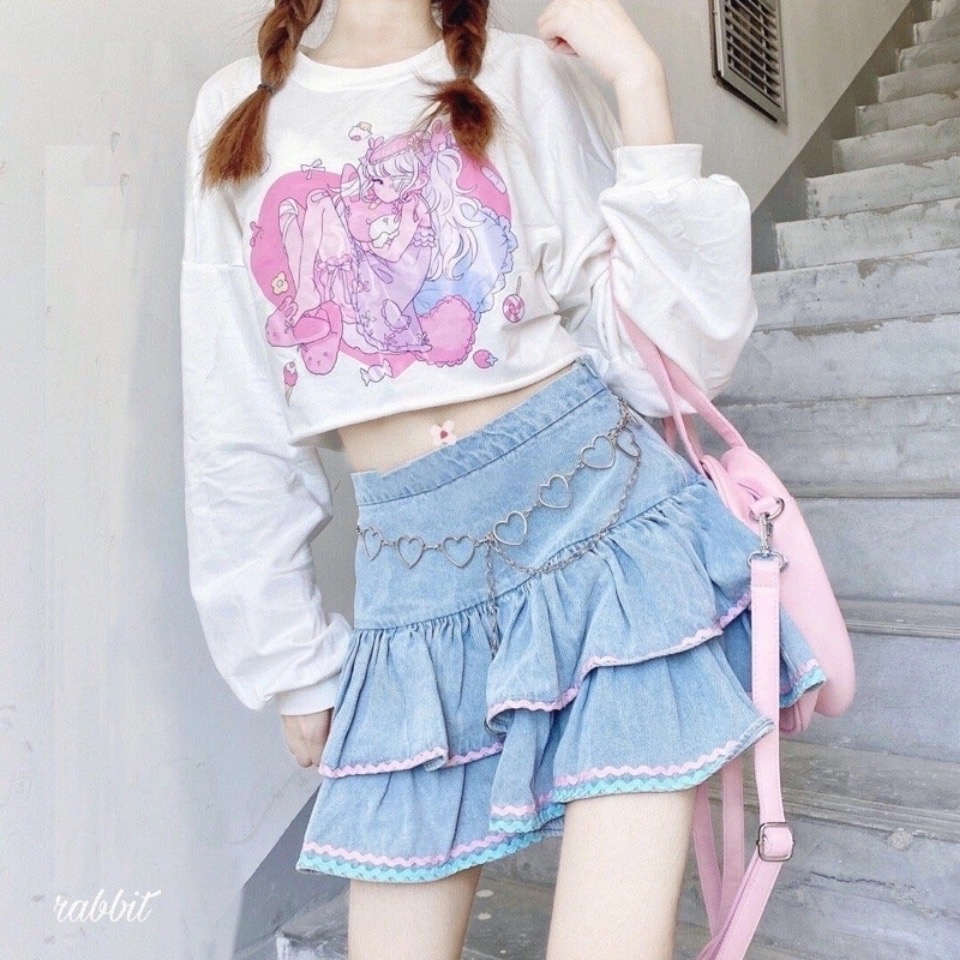 Light Blue Skirtsolar system Soft girl lovely Harajuku Sweet cool handsome Academic atmosphere jk lattice Close your waist Show thin camisole lace skirt